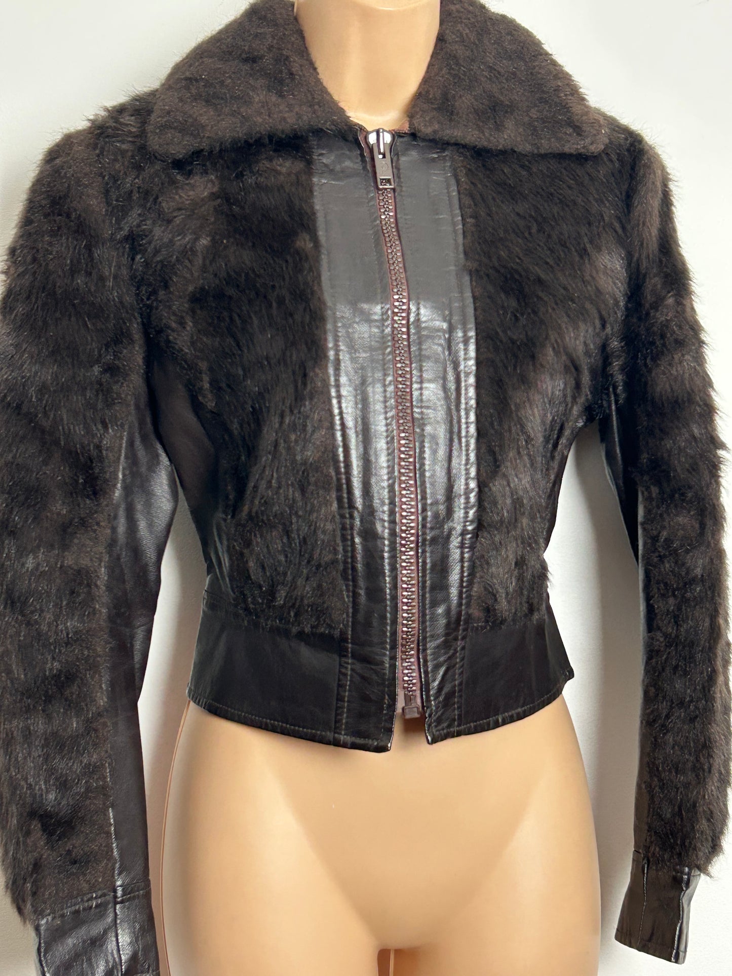 Vintage 1980s SCAN Size 10 Brown Faux Leather & Faux Fur Cropped Zip Up Jacket
