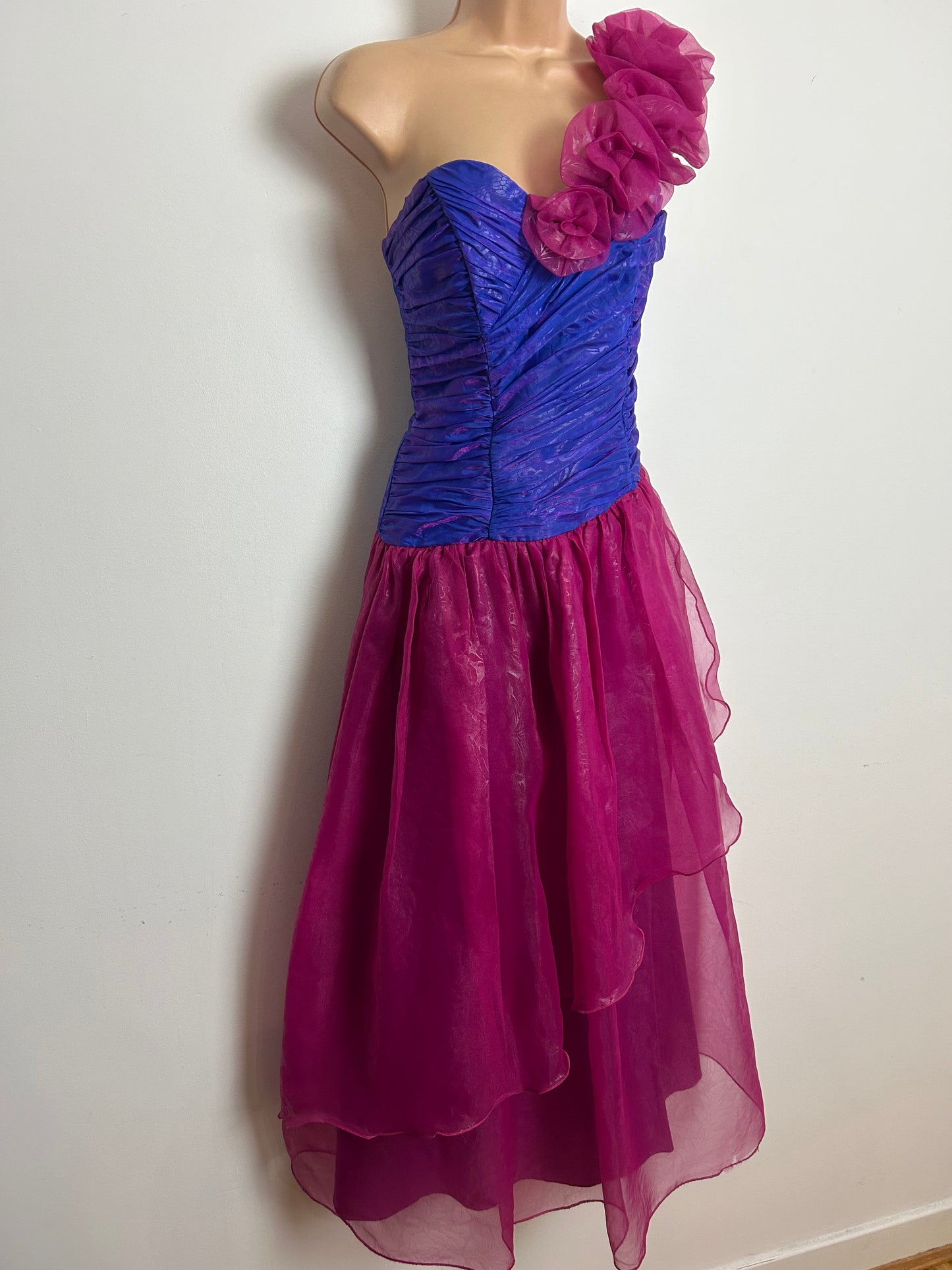 Vintage Extreme 1980s JAHN & PILL Size 10 Pink & Purple One Shoulder Party Prom Occasion Maxi Dress