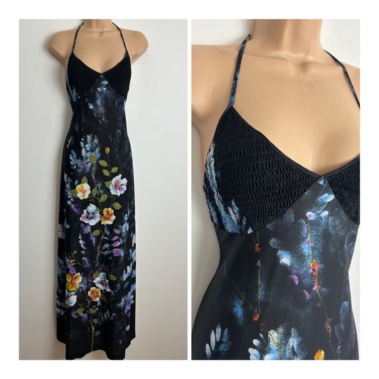 Vintage 1970s Size 8-10 Black Floral Print Shirred Bust Halter Neck Summer Maxi Dress