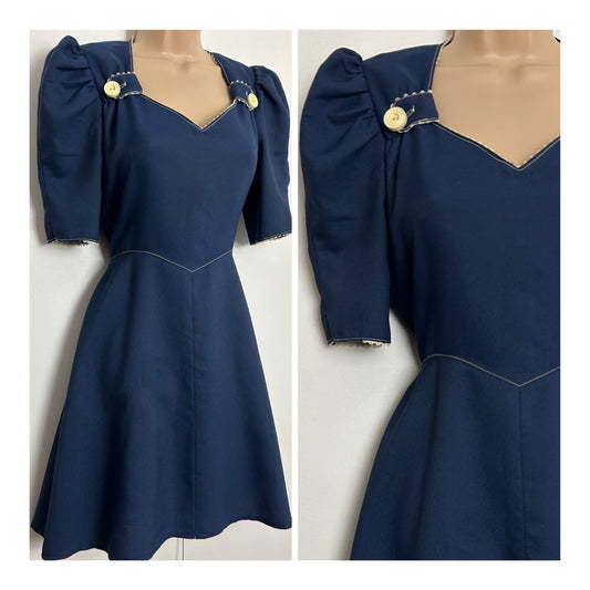 Vintage Early 1970s PETALS UK Size 6-8 Navy Blue Button & Tab Detail Fit & Flare Mod Dolly Dress