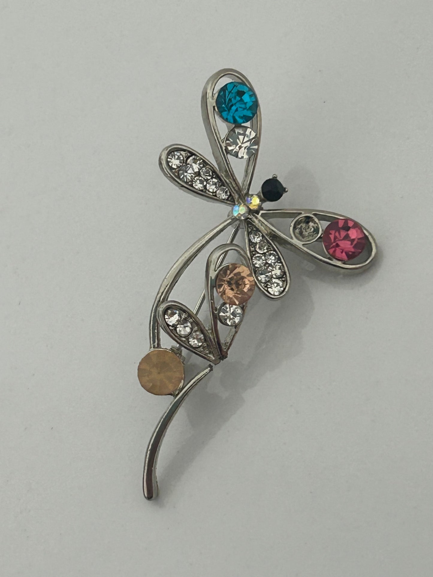 Vintage 1980s Silver Tone Dragonfly On Petal Costume Jewellery Brooch