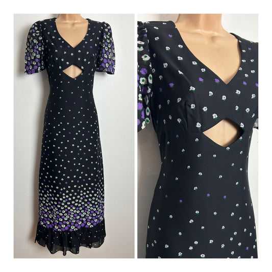Vintage 1970s BETTY BARCLAY Size 8 Black White & Purple Floral Print Waist Cut Out Detail Maxi Dress