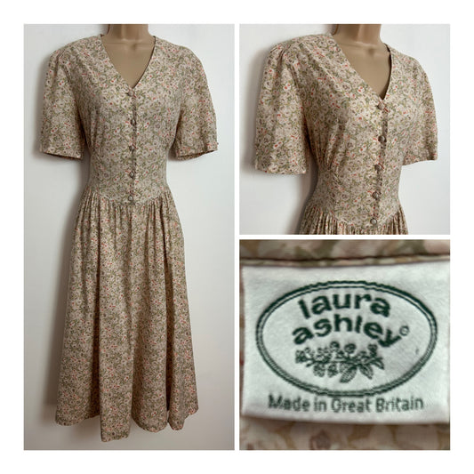 Vintage 1980s LAURA ASHLEY Size 12 (Size 14 On Label) Beige & Green Ditsy Floral Print Cotton Tea Dress
