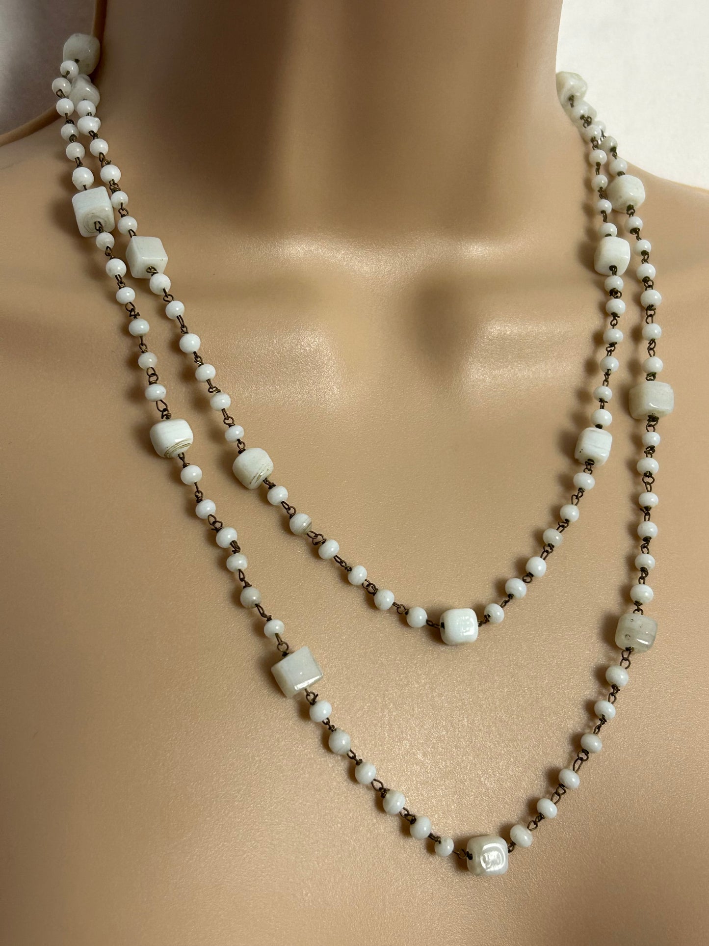 Vintage 1960s White Opaque Milk Glass One or Two Strand Necklace