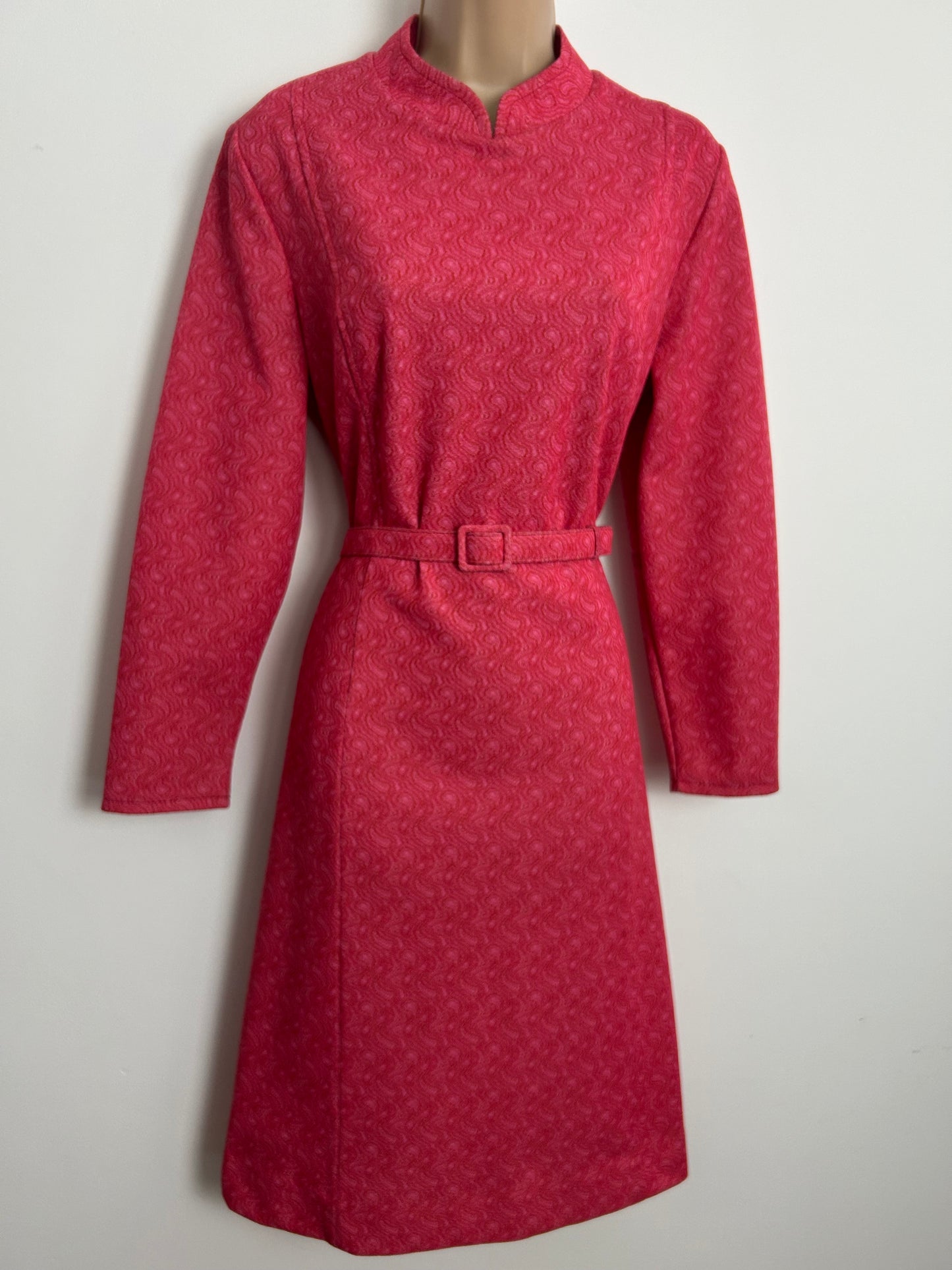 Vintage Late 1960s ST MICHAEL Size 14 Dark Pink Crimplene Paisley Pattern Belted Mod Day Dress
