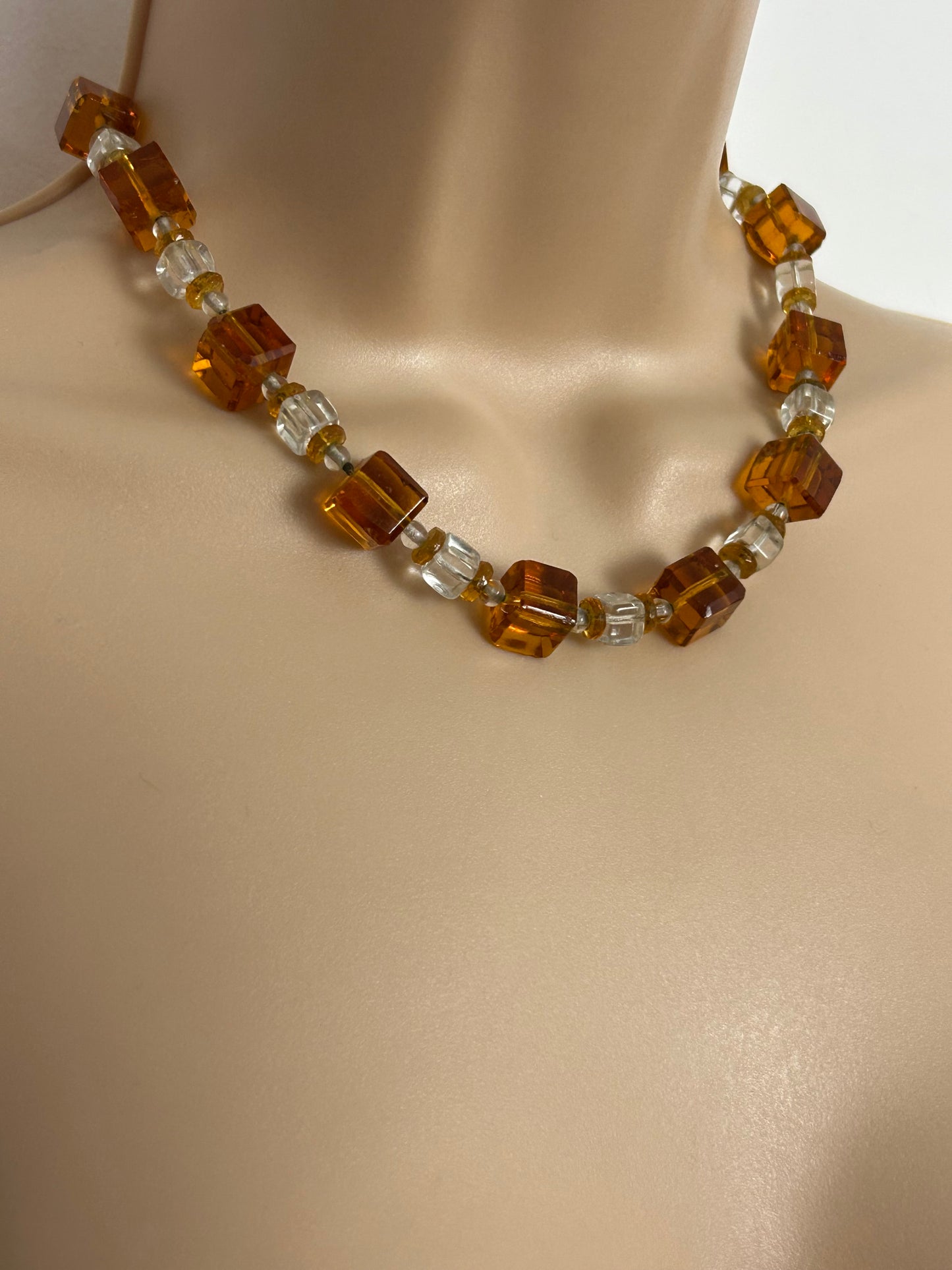 Vintage 1960s Amber Glass & Clear Glass Beaded Choker Necklace
