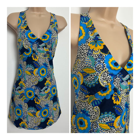 Vintage 1970s Size 12 Blue Yellow & White Floral Print Halterneck Summer Mini Dress