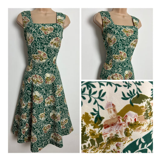 Vintage 1960s Size 8 Green & Beige Floral & Country Village Scene Print Fit & Flare Day Dress