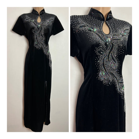 Vintage 1980s UK Size 10-12 Black Velvety Velour Bead & Sequin Embellished Evening Dress