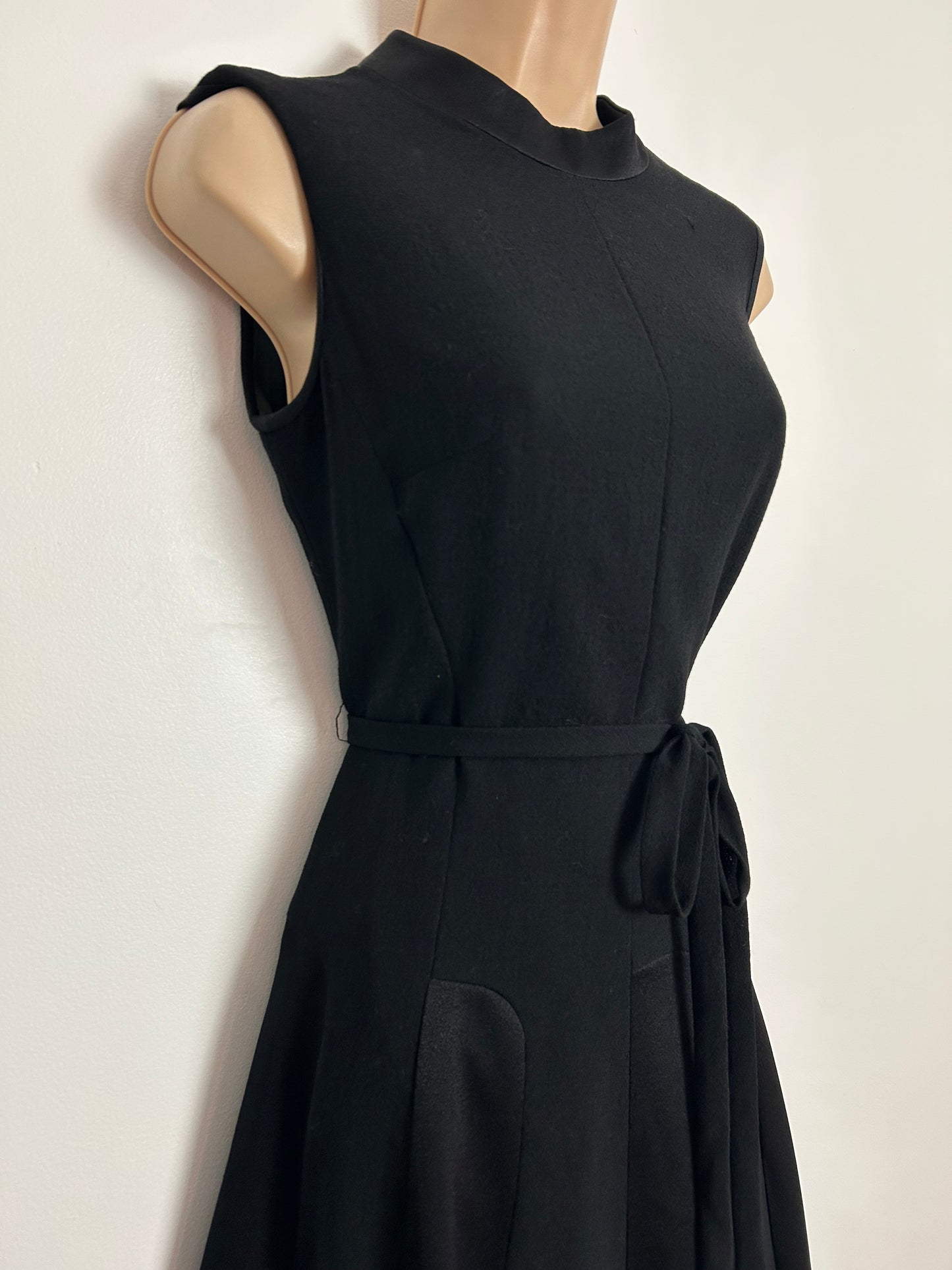 Vintage 1960s UK Size 8 Black Sleeveless Belted Fit & Flare Satin Panel Mod Dress