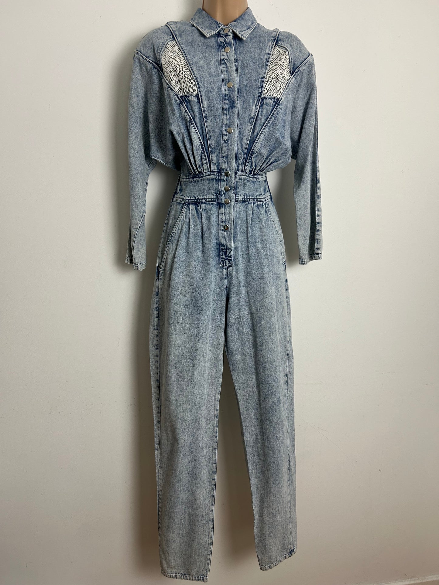 Vintage 1980s AVON FASHIONS Size 8-10 Acid Wash Denim & Snake Print Panels Tapered Leg Jumpsuit