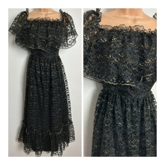 Vintage 1970s BERKERTEX Size 6 Black & Gold Floral Lace Prairie Boho Evening Midi Dress