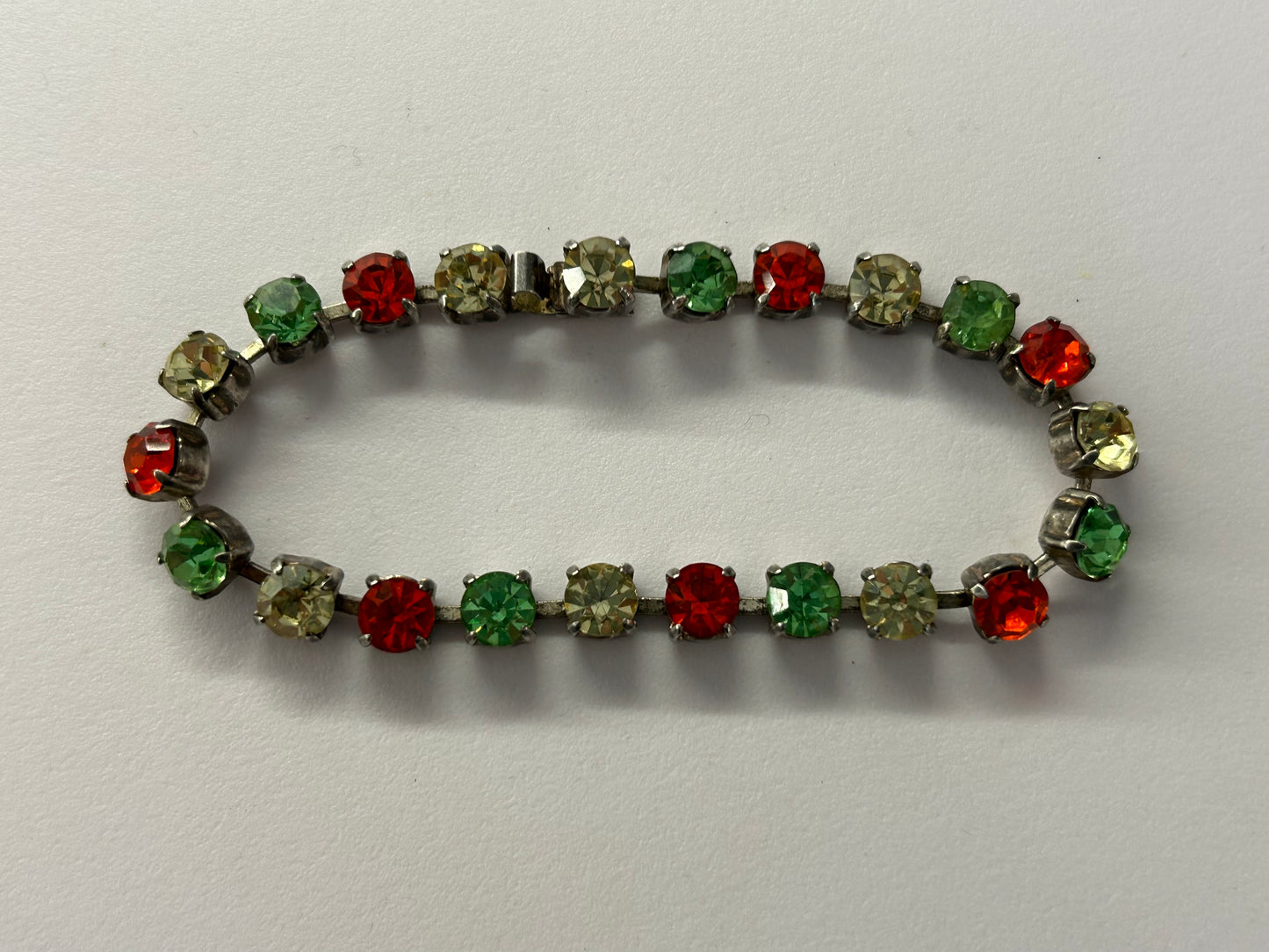 Vintage 1970s Silver Tone Bracelet Set With Green Red & Citrine Glass Stones.