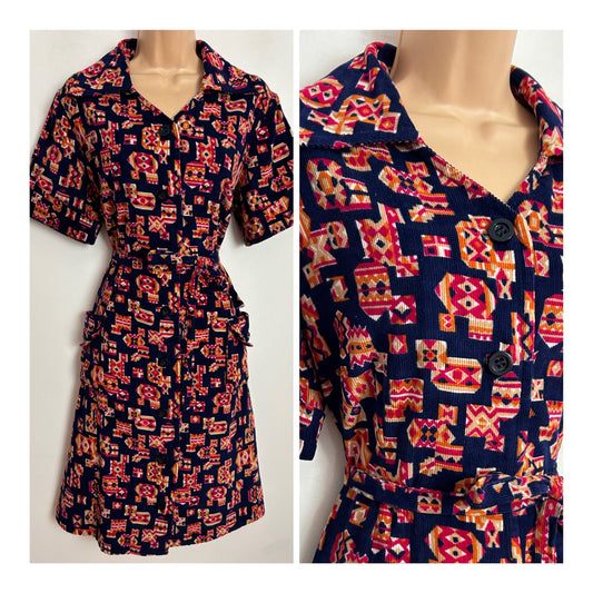Vintage 1970s UK Size 16 Navy Blue Orange & Red Abstract Geo Print Corduroy Short Sleeve Belted Mod Dress