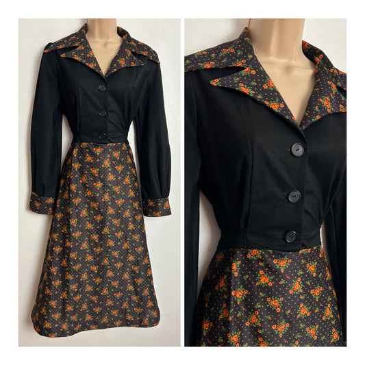Vintage 1970s UK Size 14 Black & Orange Floral & Polka Dot Print Dagger Collar Tie Back Mod Dress