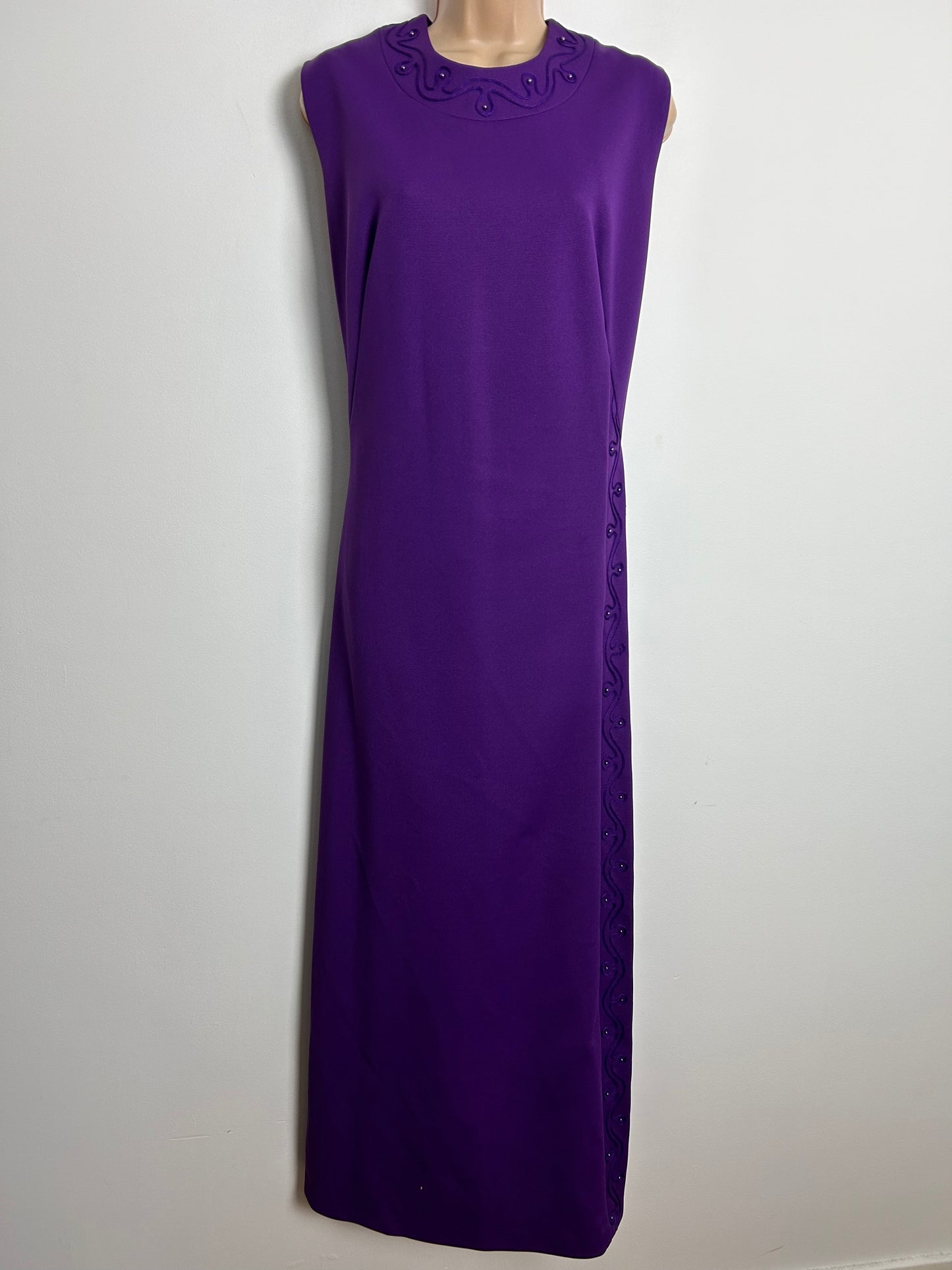 Vintage Early 1970s Size 14 Purple Braid & Bead Detail Sleeveless Straight Fitting Column Occasion Evening Maxi Dress