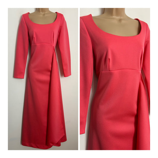 Vintage 1970s MARJORIE WARD UK Size 12 Candy Pink Crimplene Long Sleeve Empire Line Maxi Dress