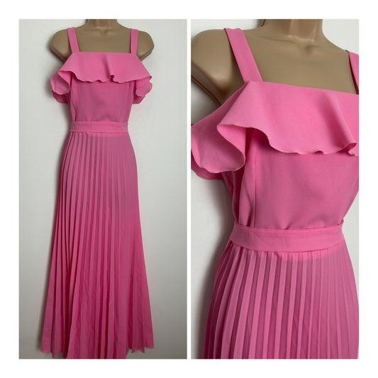 Vintage 1970s Size 10 Candy Pink Strappy Ruffle Collar Belted Pleated Summer Maxi Dress