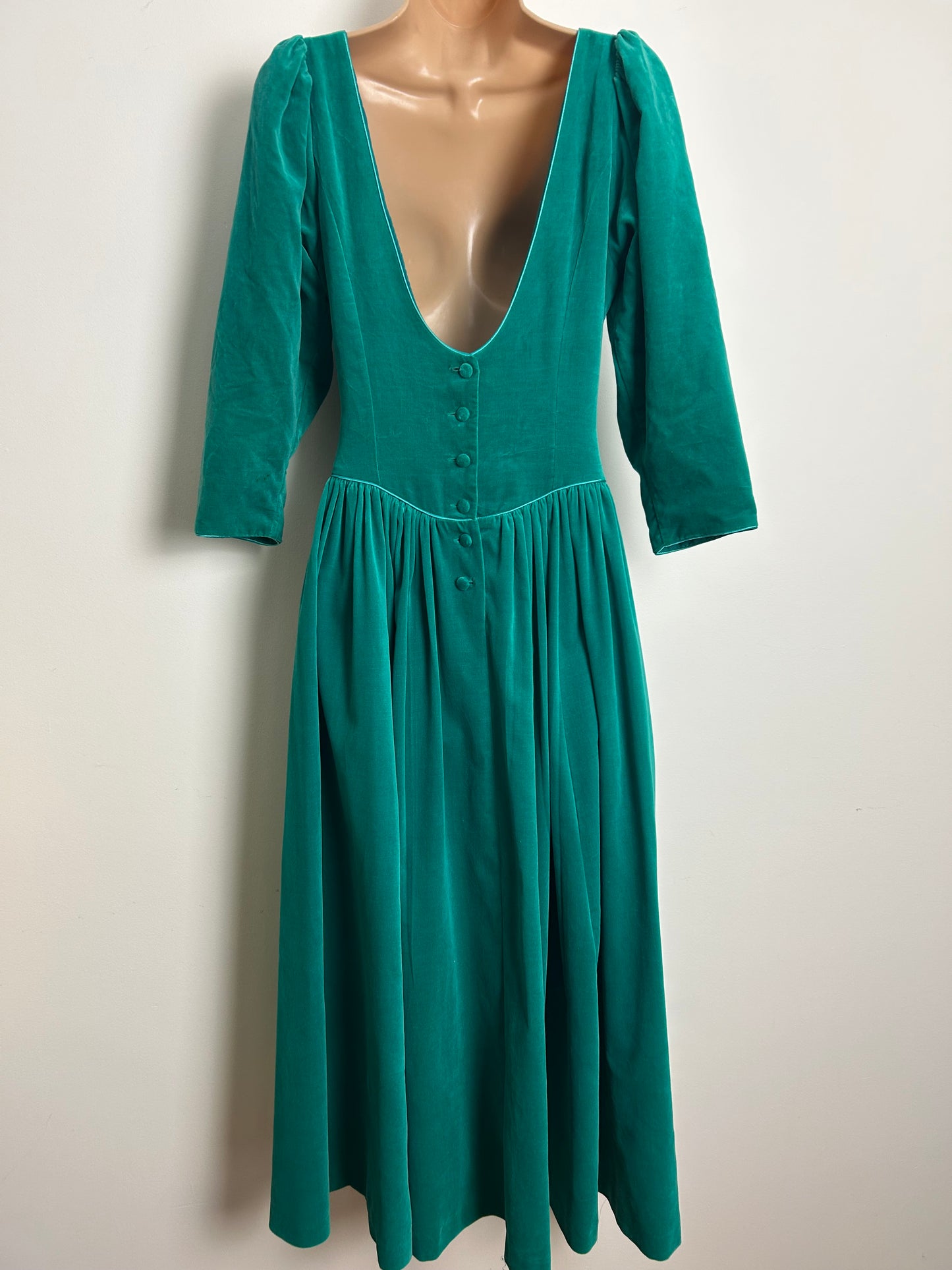 Vintage 1980s LAURA ASHLEY Size 10 (Size 14 On Label) RARE Dark Turquoise Teal Velvet Midi Ballgown