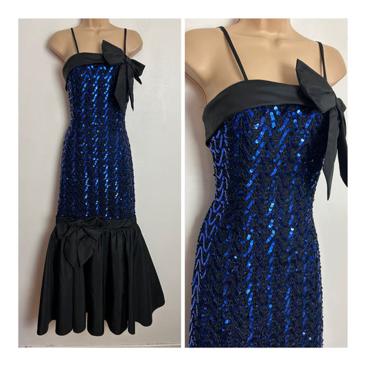 Vintage Early 1980s JOHN CHARLES UK Size 8-10 AMAZING Black & Blue Sequin & Bead Detail Full Length Cocktail Gown