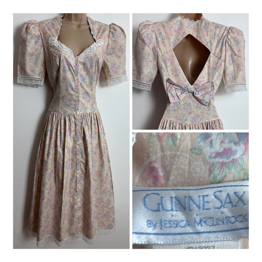 Vintage 1980s GUNNE SAX by JESSICA McCLINTOCK UK Size 8 Pale Peach Floral Paisley Print Lace Trim Open Back Tea Dress