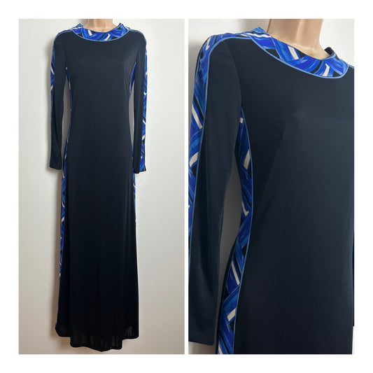 Vintage 1970s Size 10 Black Long Sleeve Occasion Maxi Dress With Blue Tones Border Print