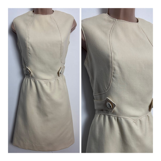 Vintage 1960s UK Size 10 Cream Pure New Wool Tab Detail Mod Dress