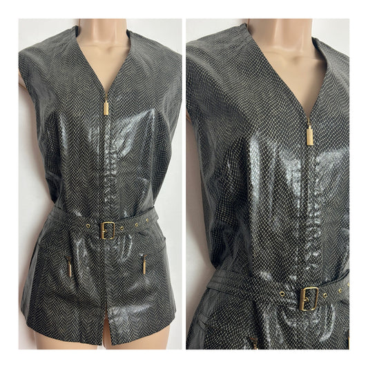 Vintage 1980s BETTY BARCLAY Size 12 Brown Faux Leather Reptile Skin Belted Zip Front Waistcoat Gilet Style Top