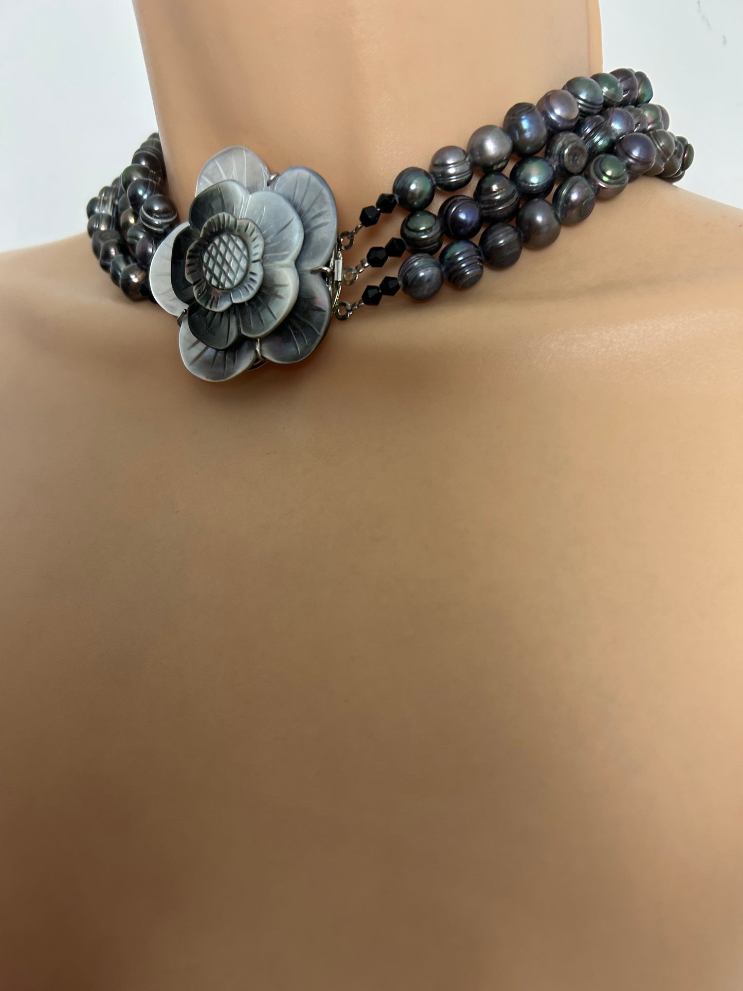 Beautiful Black Real Freshwater Baroque Pearl Multistrand Necklace With Mother Of Pearl Flower Clasp