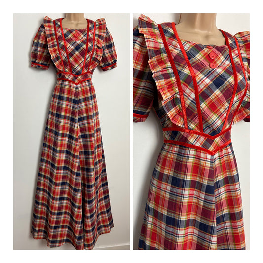 Vintage 1970s UK Size 8 Red Blue & White Check Print Short Sleeve Tie Back Prairie Cotton Maxi Dress
