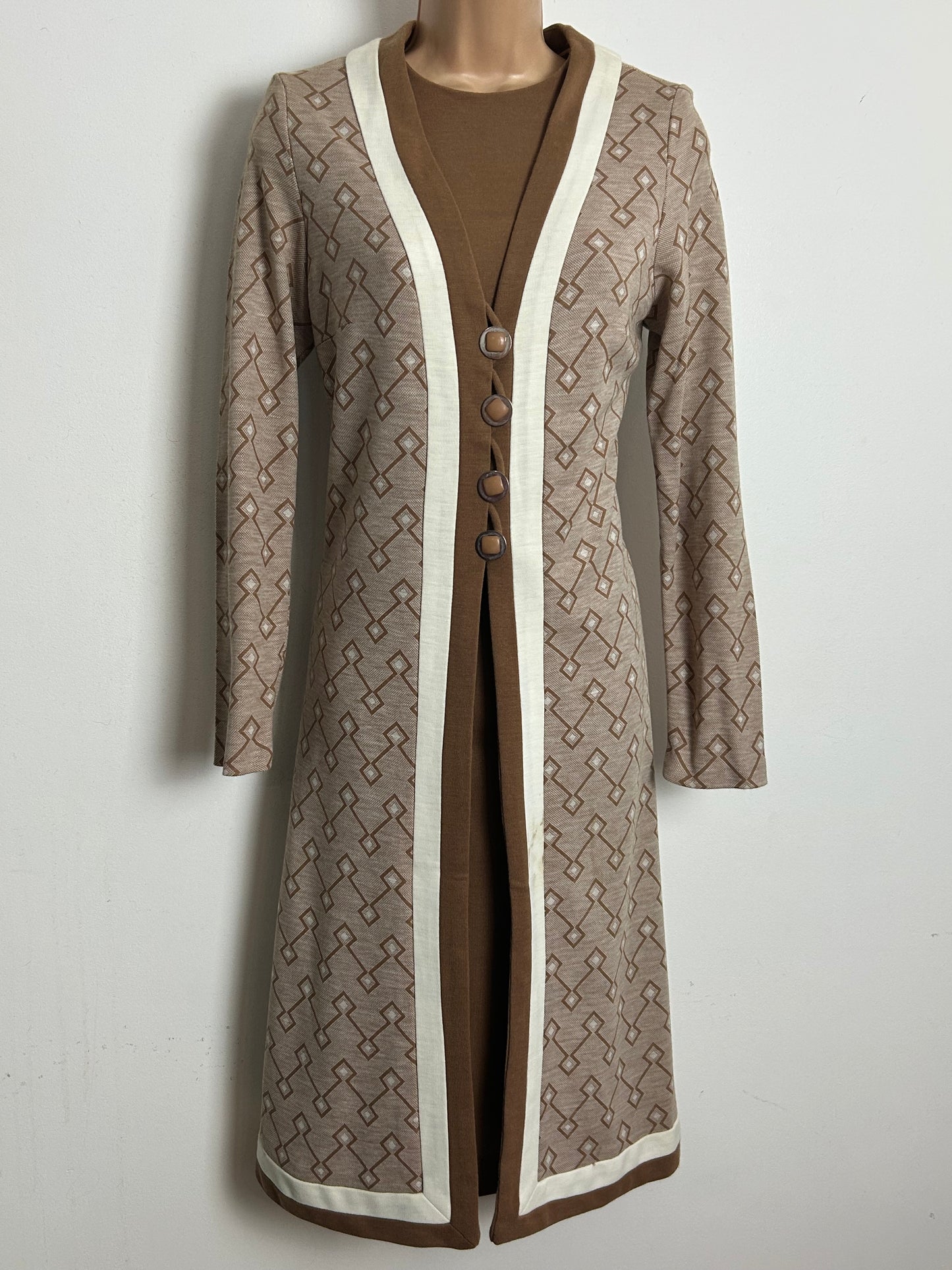 Vintage 1960s Size 10 Camel Brown Mod Dress & Matching Jacket Two Piece Suit
