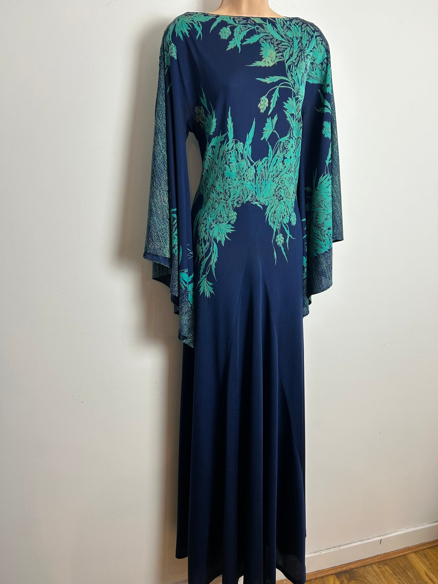 Vintage 1970s RARE PRINCESS RAYOUTI Made In Italy Size 12 Navy Blue & Green Tones Very Wide Sleeve Boho Maxi Dress