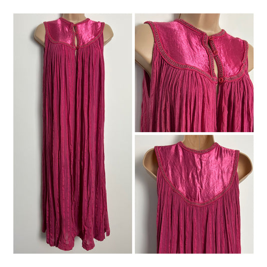 Vintage Early 1980s C&A UK Size 10 Pink Cotton Mix Cheesecloth Satin Panelled Boho Trapeze Style Midi Dress