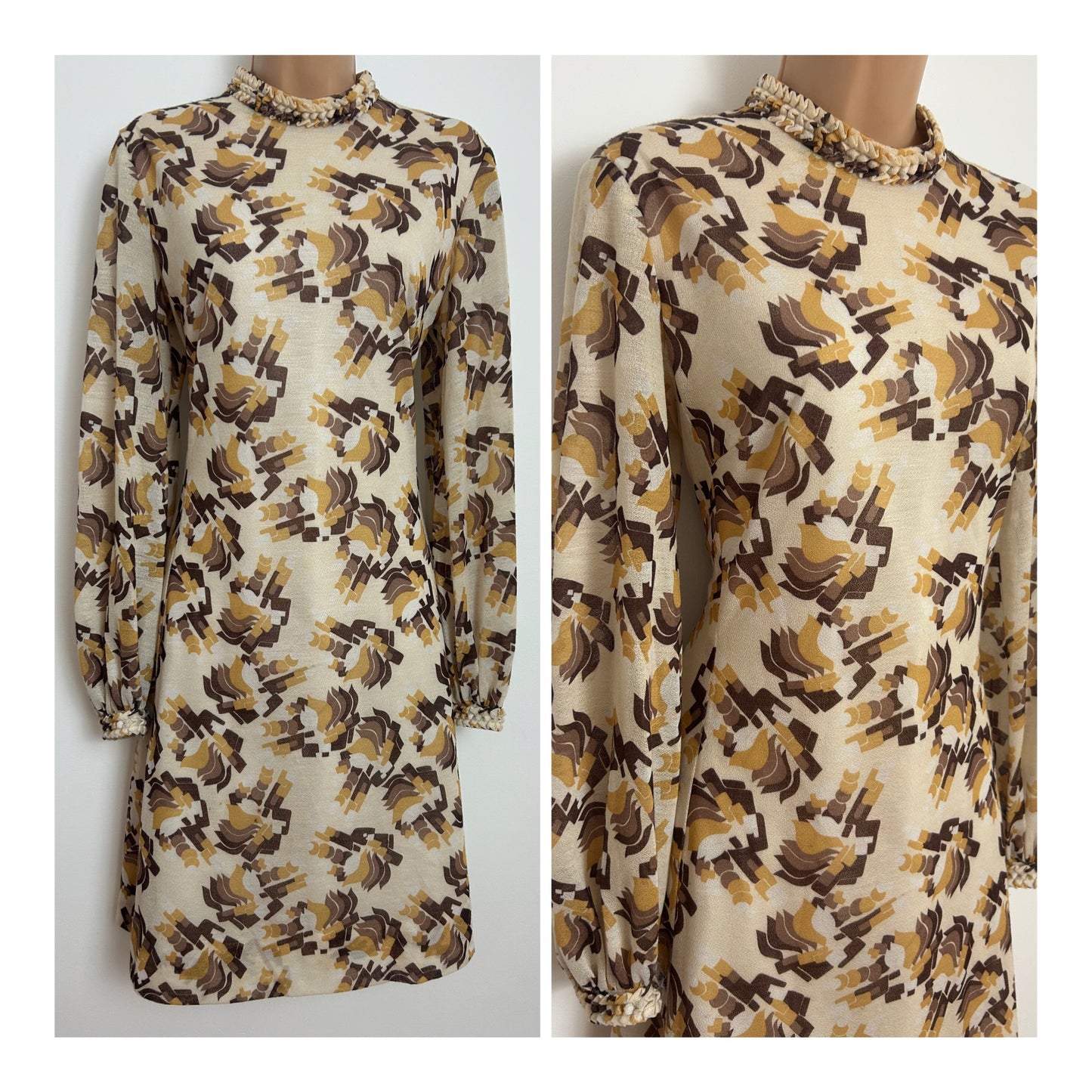 Vintage 1960s Size 12-14 Cream Brown & Mustard Abstract Print Long Sleeve Mod Shift Dress