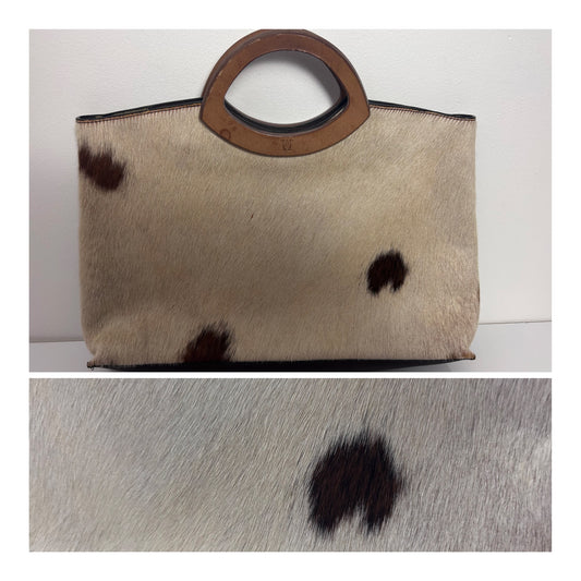 Vintage 1970s large Cow Hide With Hair Wooden Handle Handbag