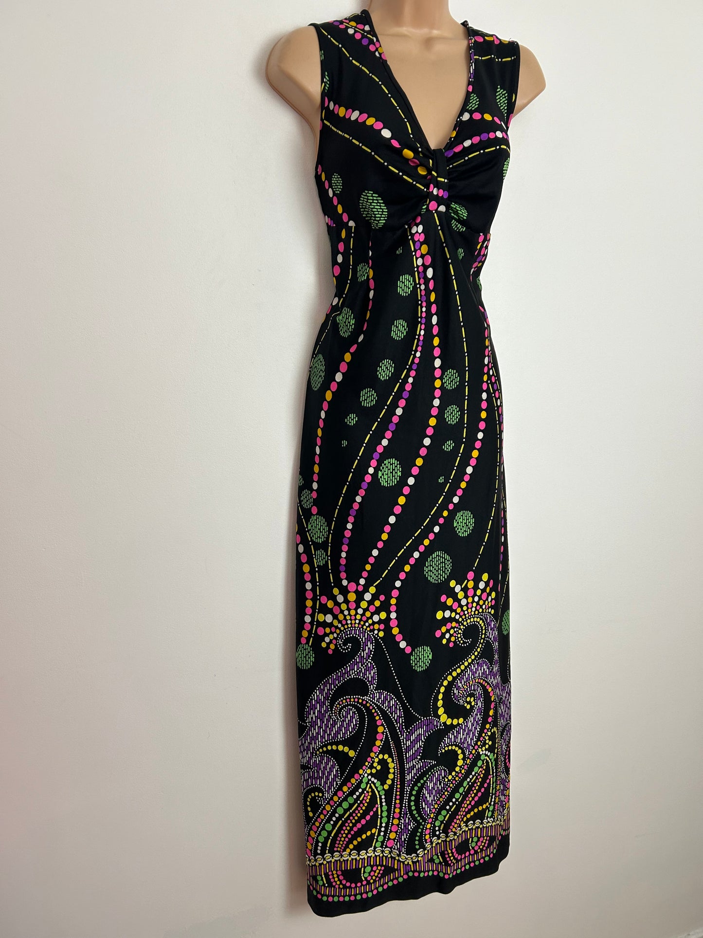 Vintage 1970s UK Size 12 Black Pink Green & Purple Abstract Print Sleeveless Maxi Dress