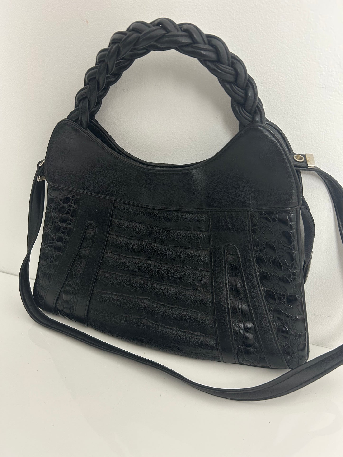 Vintage 1970s Lovely Soft Supple Black Mock Croc Leather Shoulder Or Handbag