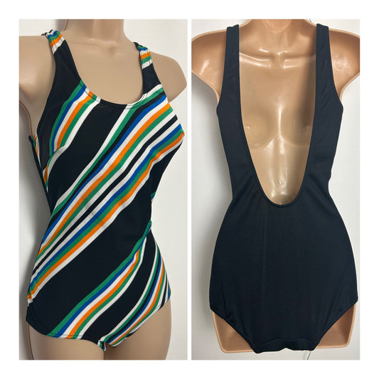 Vintage 1970s Size 12-14 Black White Green & Orange Stripe Print Swimsuit