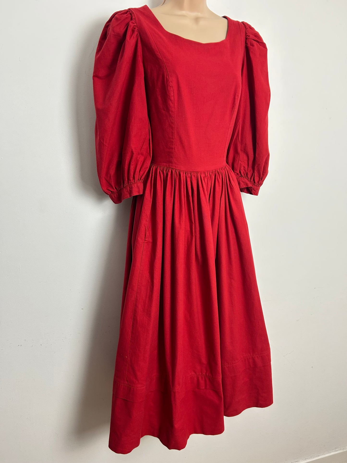 Vintage 1980s LAURA ASHLEY Size 10 (Size 12 On Label) Red Cross Over Back Puff Sleeve Midi Dress