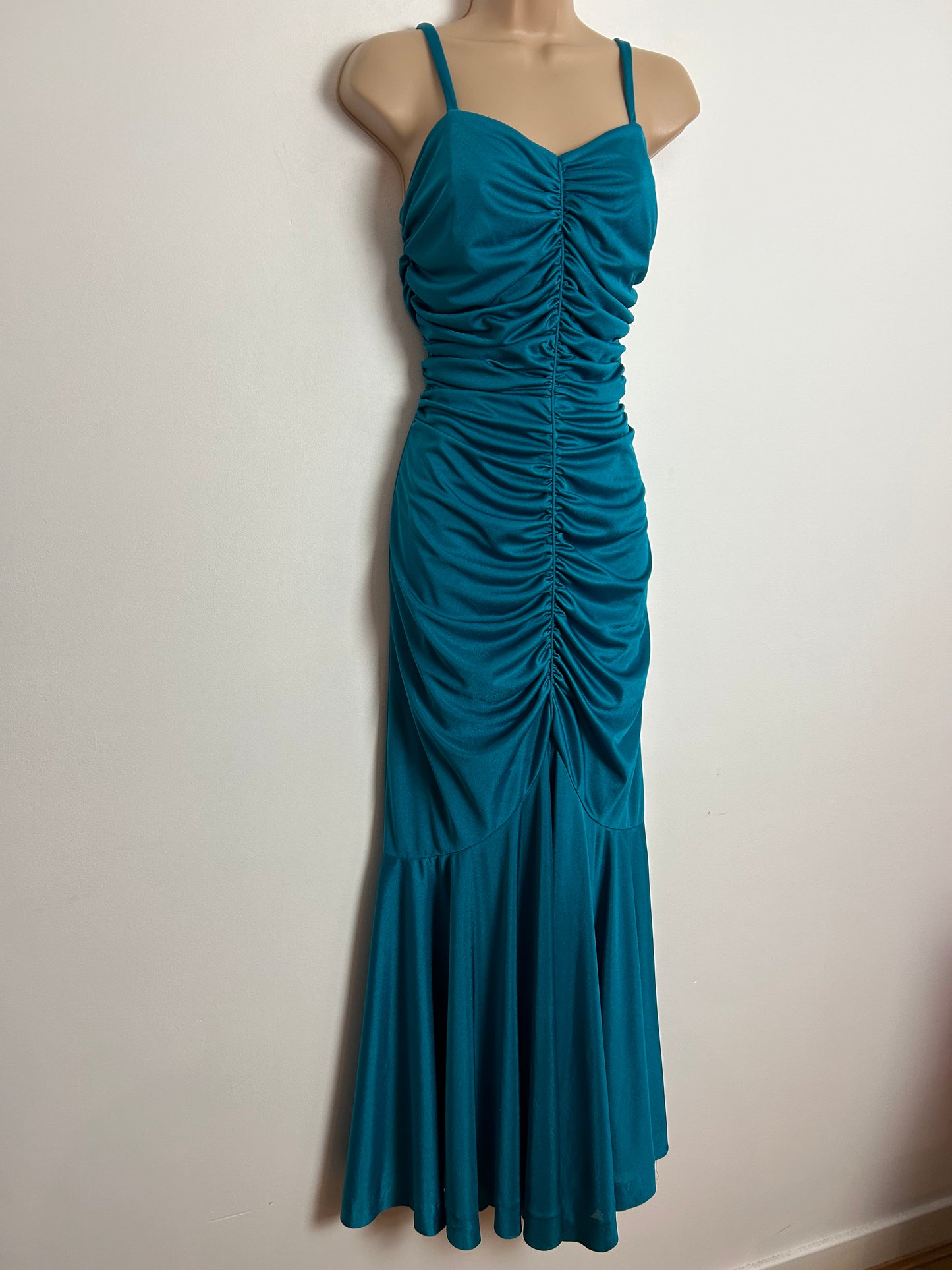 Vintage 1980s UK Size 8 Peacock Blue Ruched Fitted Wiggle Strappy Maxi Length Evening Occasion Party Dress