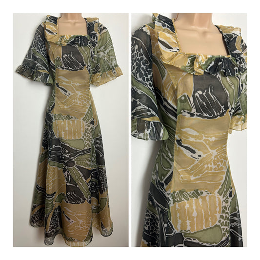 Vintage 1970s KATI AT LAURA PHILLIPS Size 12 Green Black & Sandy Beige Abstract Print Short Sleeve Boho Maxi Dress