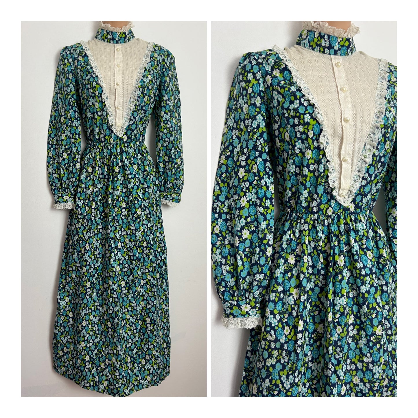 Vintage 1970s UK Size 6 Blue Green & White Lace Bodice Long Sleeve Cotton Prairie Maxi Dress