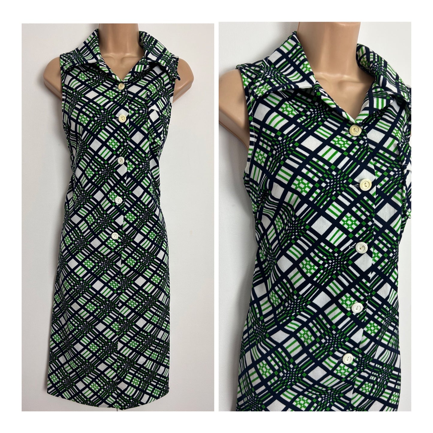 Vintage 1970s UK Size 12 ELIZABETH TEES Blue Green & White Check Print Sleeveless Mod Dress