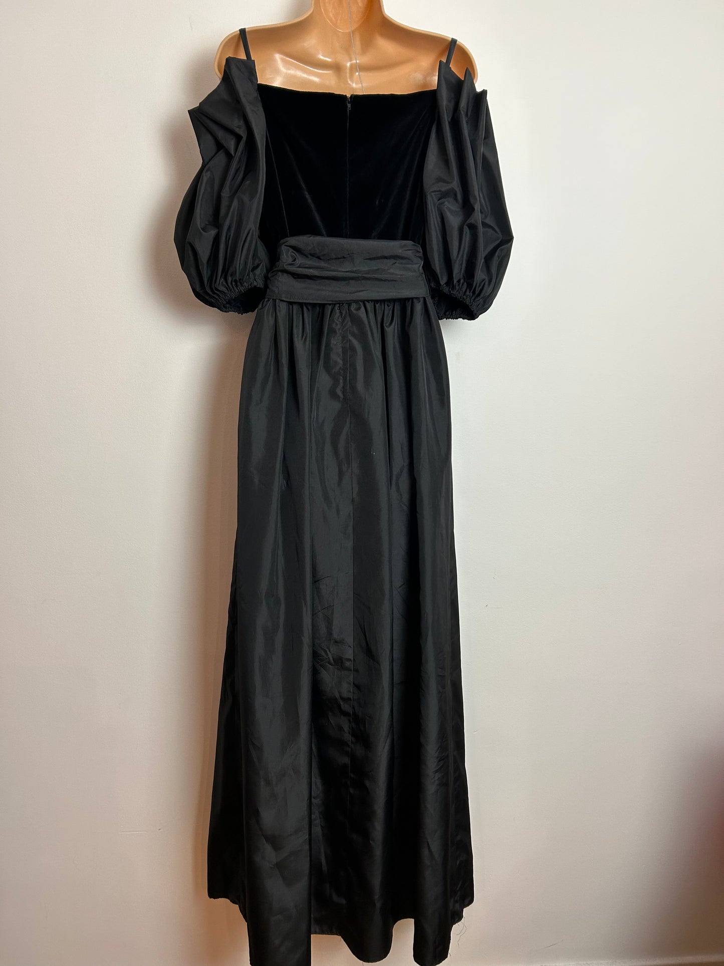 Vintage Early 1980s CHARADE UK Size 8 Black Velvet & Acetate Pleated Cold Shoulder Puffed Sleeve Belted Occasion Evening Maxi Dress