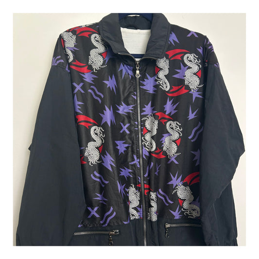 Vintage 1980s LASER Size XL (Up To Size 14/16) Black White Purple & Red Dragon Print Shell Jacket Anorak Windbreaker