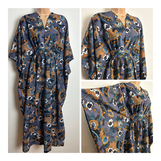 Vintage 1970s One Size Purple-Grey Tan Brown & Teal Psychedelic Floral Print Maxi Length Kaftan