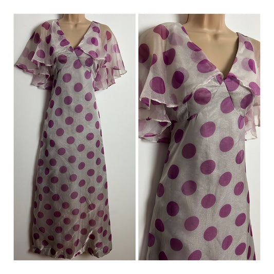 Vintage 1970s ALEXANDER CLARE UK Size 6-8 Pale Silvery Grey & Pink Spot Print Cape Sleeve Maxi Dress