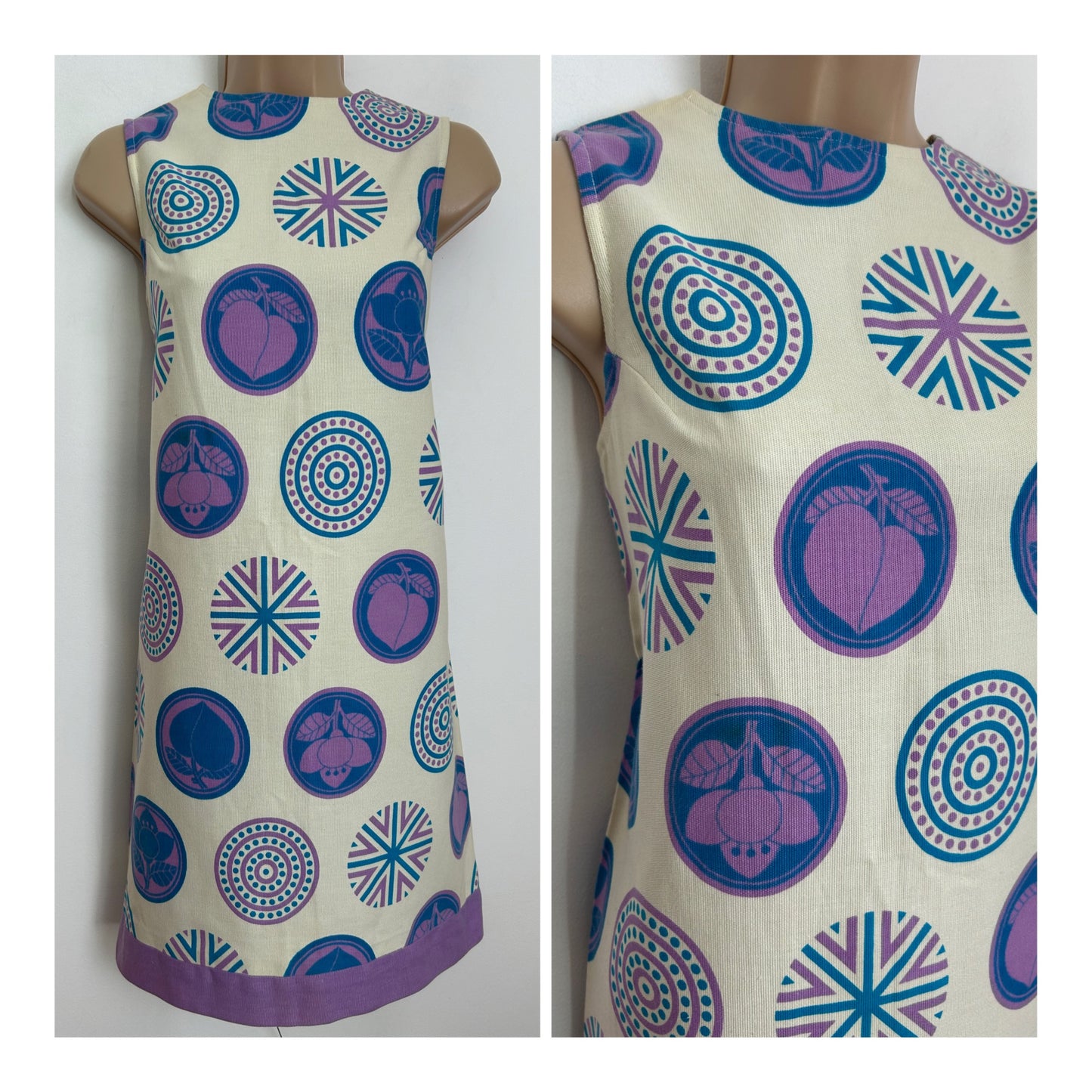 Vintage 1960s JEAN REY PARIS Size 6-8 Off White Blue & Pink Abstract Circle Print Cotton Mini Mod Shift Dress