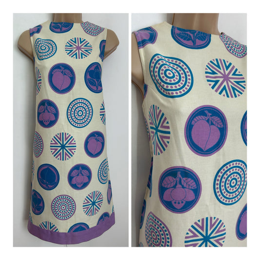 Vintage 1960s JEAN REY PARIS Size 6-8 Off White Blue & Pink Abstract Circle Print Cotton Mini Mod Shift Dress