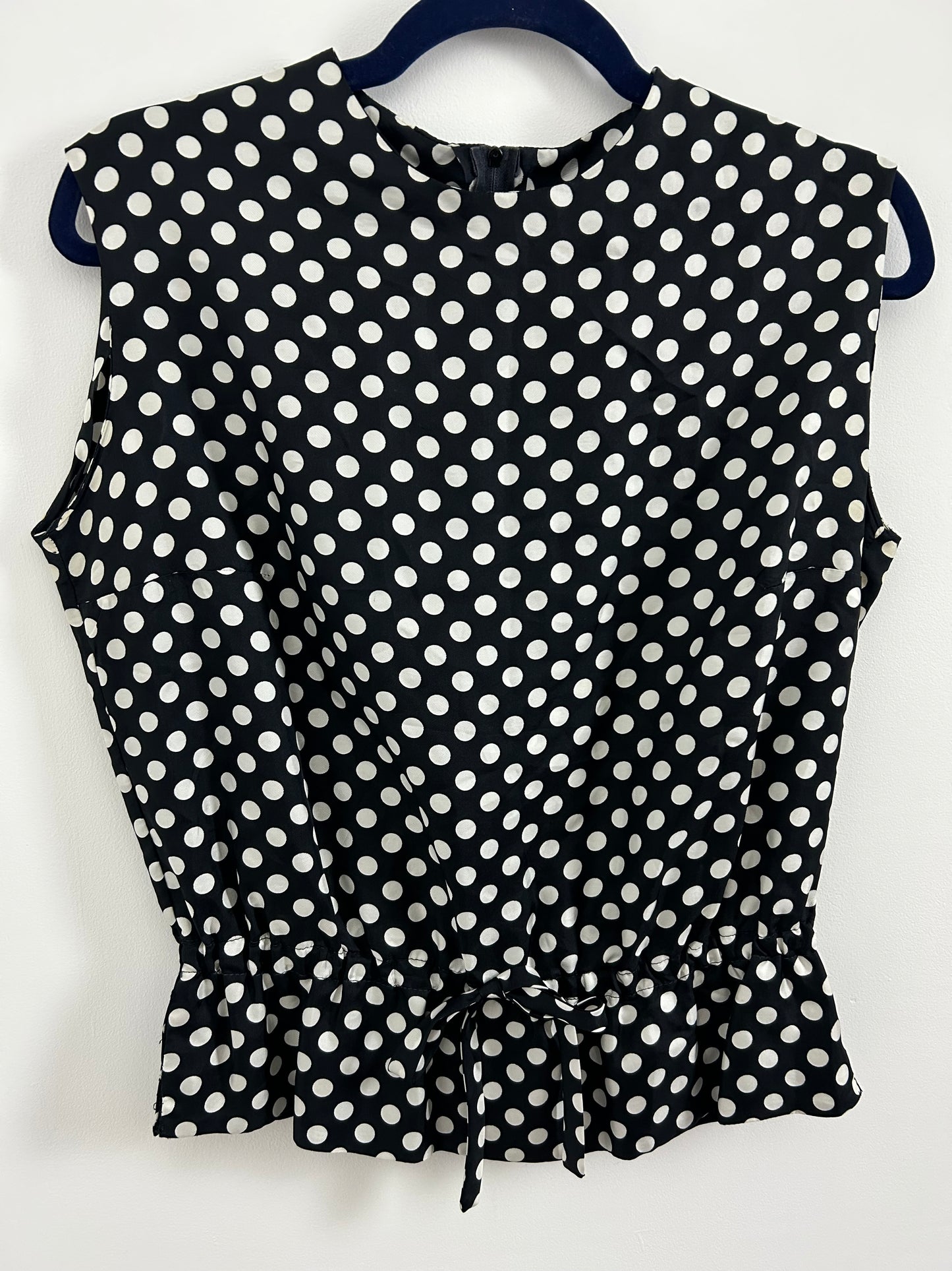 Vintage Late 1960s Size 12-14 Black & White Polka Dot Print Sleeveless Tie Detail Top